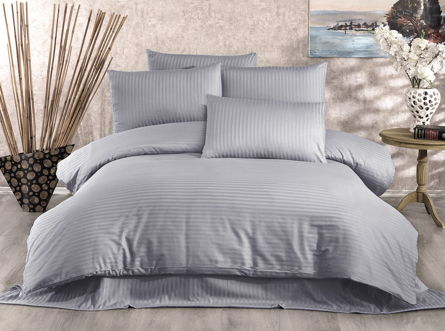 Posteljina JOHAN 100% PAMUČNI SATEN Navlaka za poplun: 200 x 200 cm Jastučnica: 80 x 80 cm (2 komada), Lilyum - Grey
