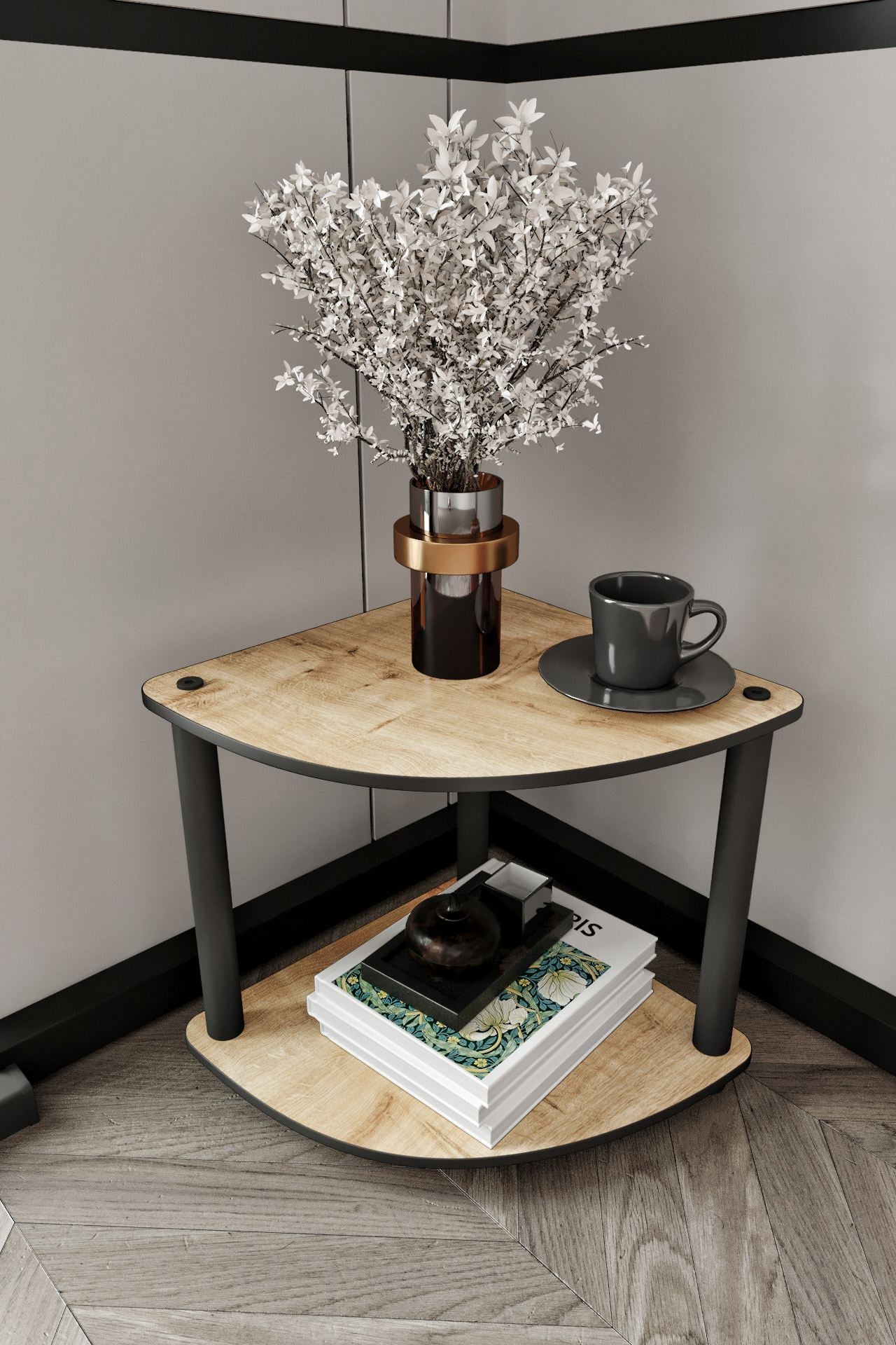 Pomoćni stolić Bookcase 2 nivoa, kutna - hrast
