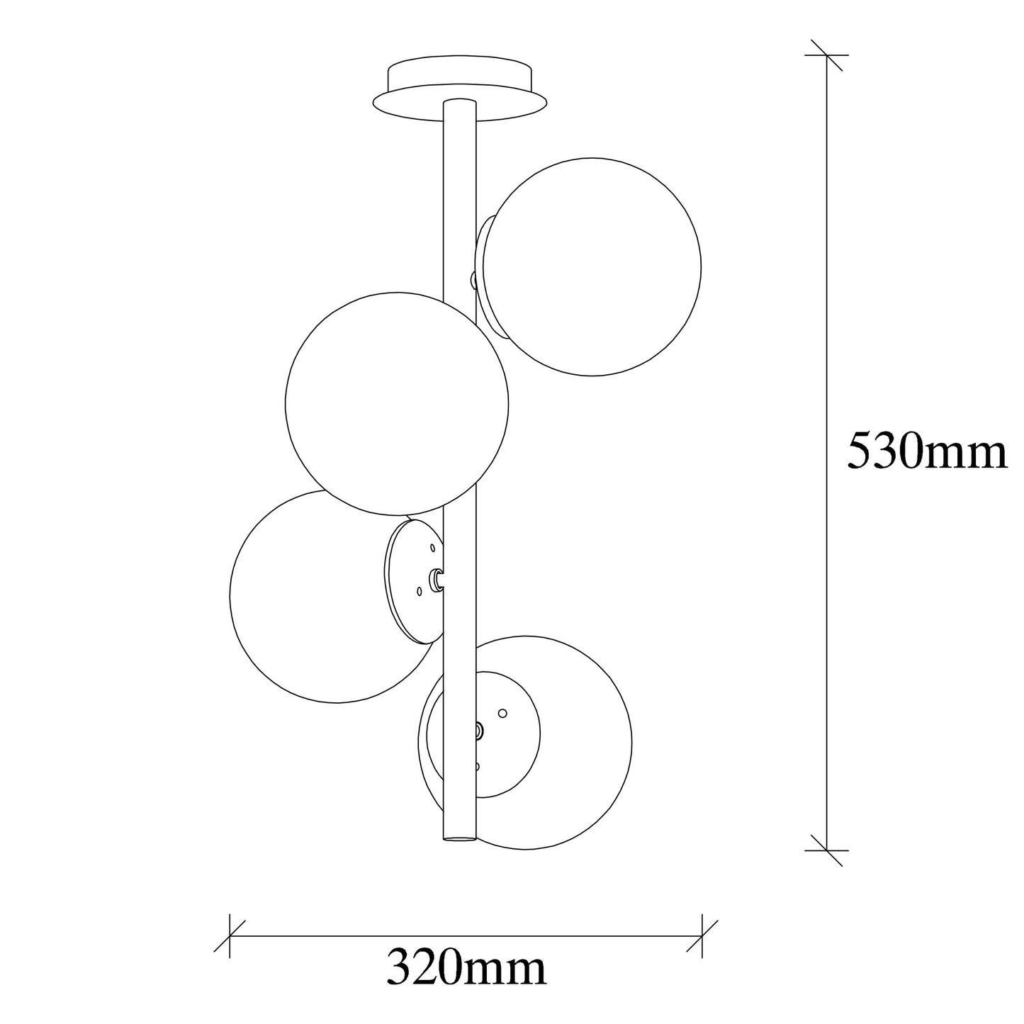 Vislica FAZE crna, metal- staklo, promjer 32 cm, visina 53 cm, promjer kugli 15 cm, podesvia visina , 4 x E27 40 W, Faze-NT-139