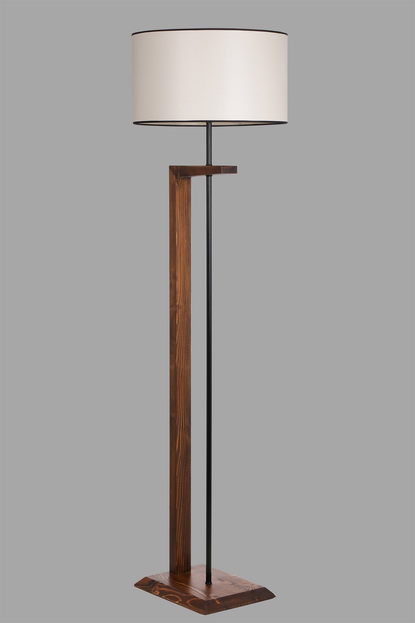 Podna lampa CEVIZ, drvo- platno, promjer 45 cm, vivina 163 cm, E27 60 W, Menekşe Ceviz Ahşap Lambader Silindir Finli Krem Abajurlu