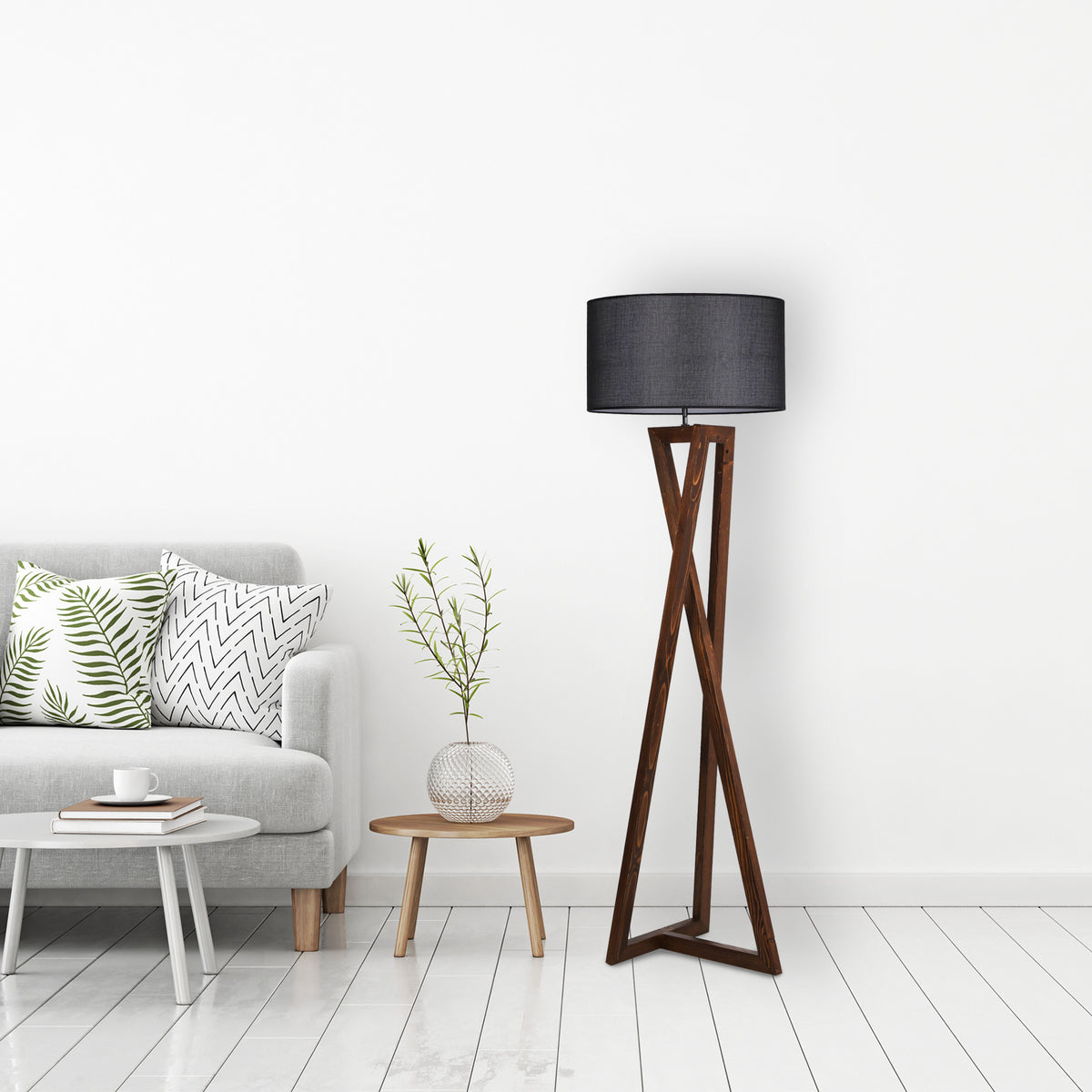 Podna lampa MAČKA smeđe- crno, drvo- platno, promjer 45 cm, visina 166 cm, E27 60 w, Maçka Ceviz Ahşap Lambader Silindir Hasır Siyah Abajurlu
