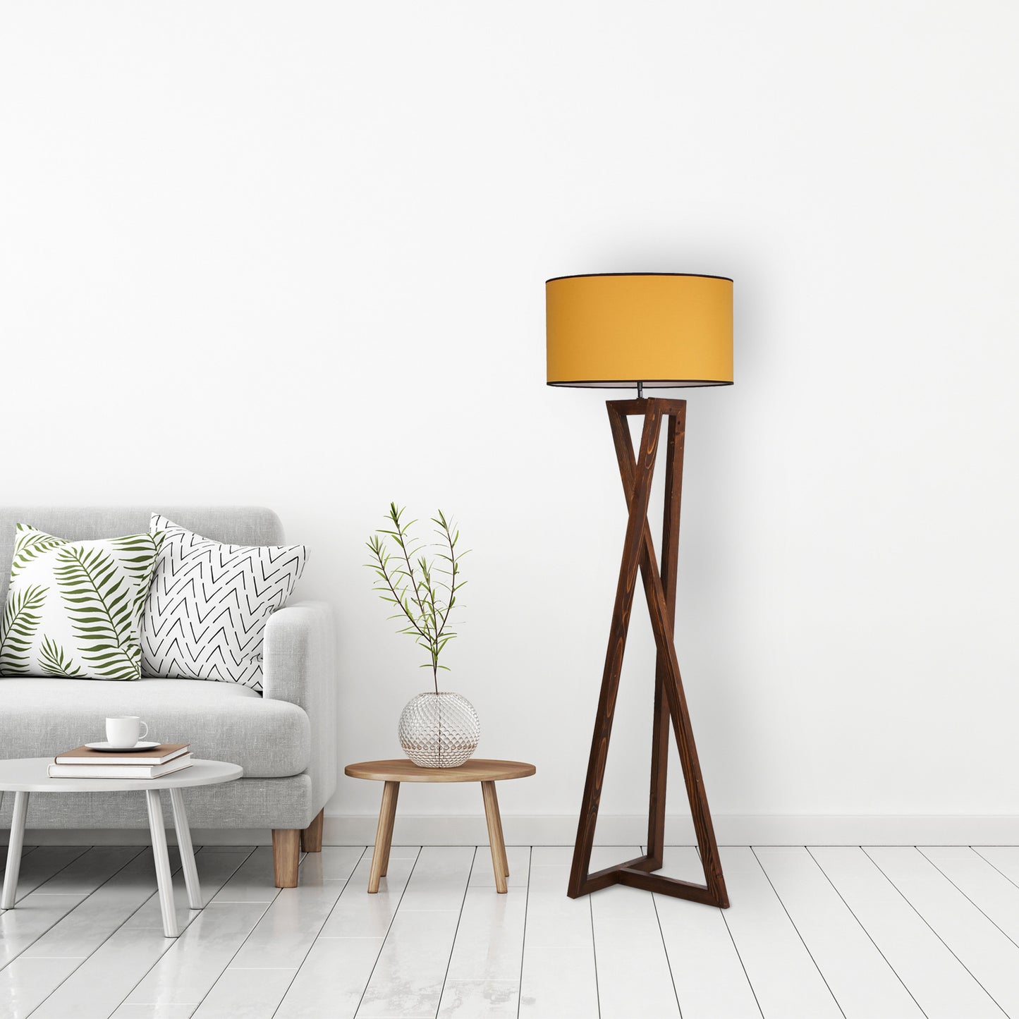 Podna lampa MAČKA smeđe- senf, drvo- platno, promjer 45 cm, visina 166 cm, E27 60 w, Maçka Ceviz Ahşap Lambader Silindir Hardal Abajurlu