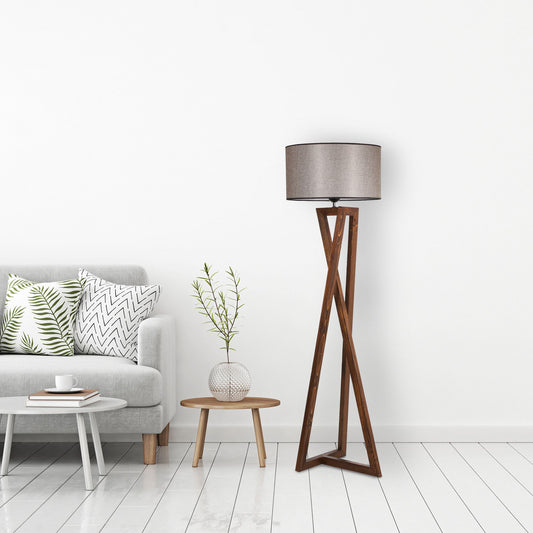 Podna lampa MAČKA smeđe, drvo- platno, promjer 45 cm, visina 166 cm, E27 60 w, Maçka Ceviz Ahşap Lambader Silindir Koyu Hasır Abajurlu