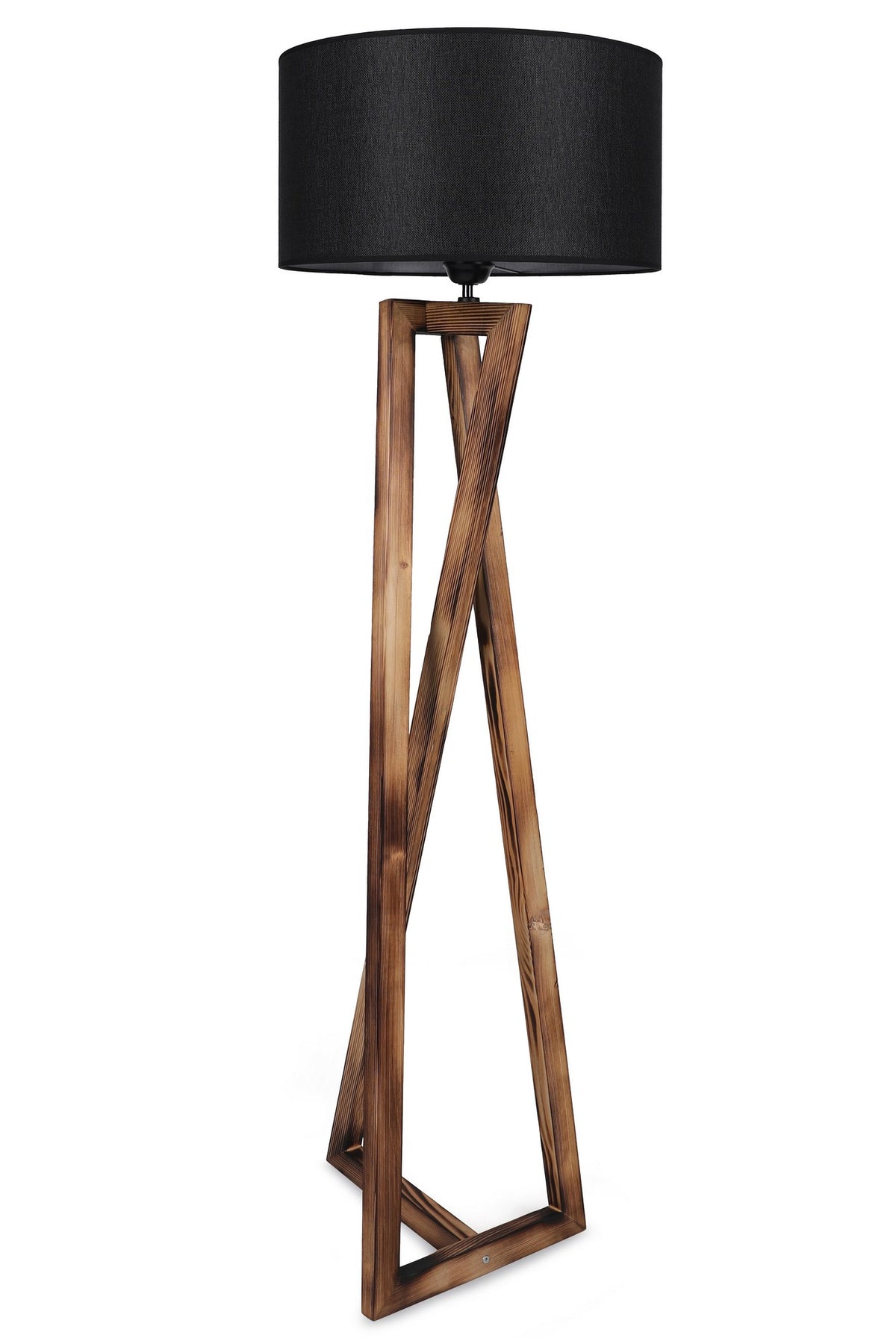 Podna lampa MAČKAcrna, drvo- platno, promjer 45 cm, visina 166 cm, E27 60 w, Maçka Yanık Ahşap Lambader Silindir Hasır Siyah Abajurlu