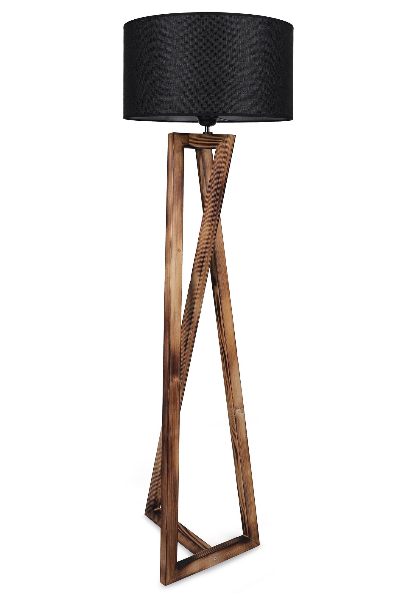 Podna lampa MAČKAcrna, drvo- platno, promjer 45 cm, visina 166 cm, E27 60 w, Maçka Yanık Ahşap Lambader Silindir Hasır Siyah Abajurlu