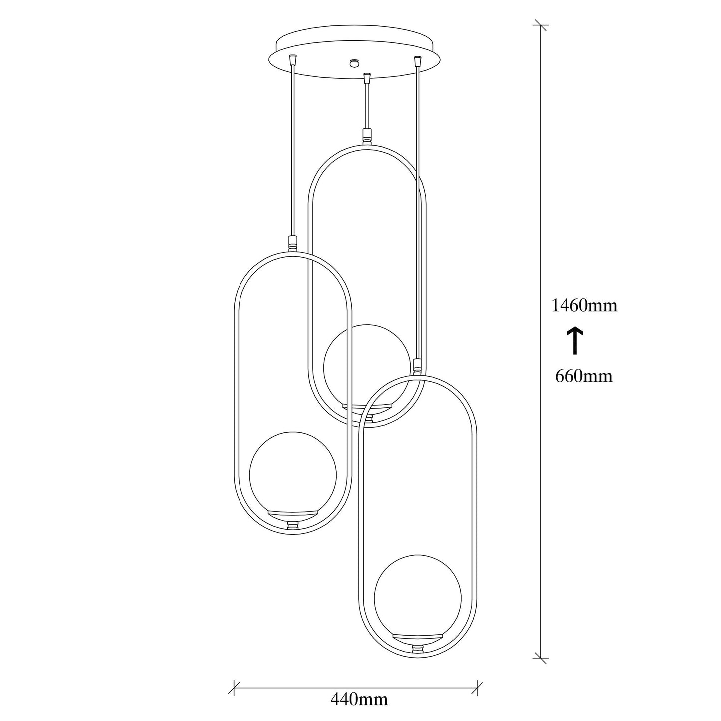 Vislica MUDONI HIGH crna, metla7 staklo, promjer 44 cm, visina 146 cm, promjer kugli 15 cm, 3 x E27 40 W, Mudoni - MR - 935