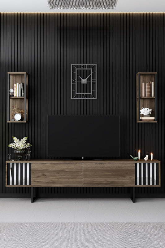 Komoda za TV, Chrome Line - Walnut, Black
