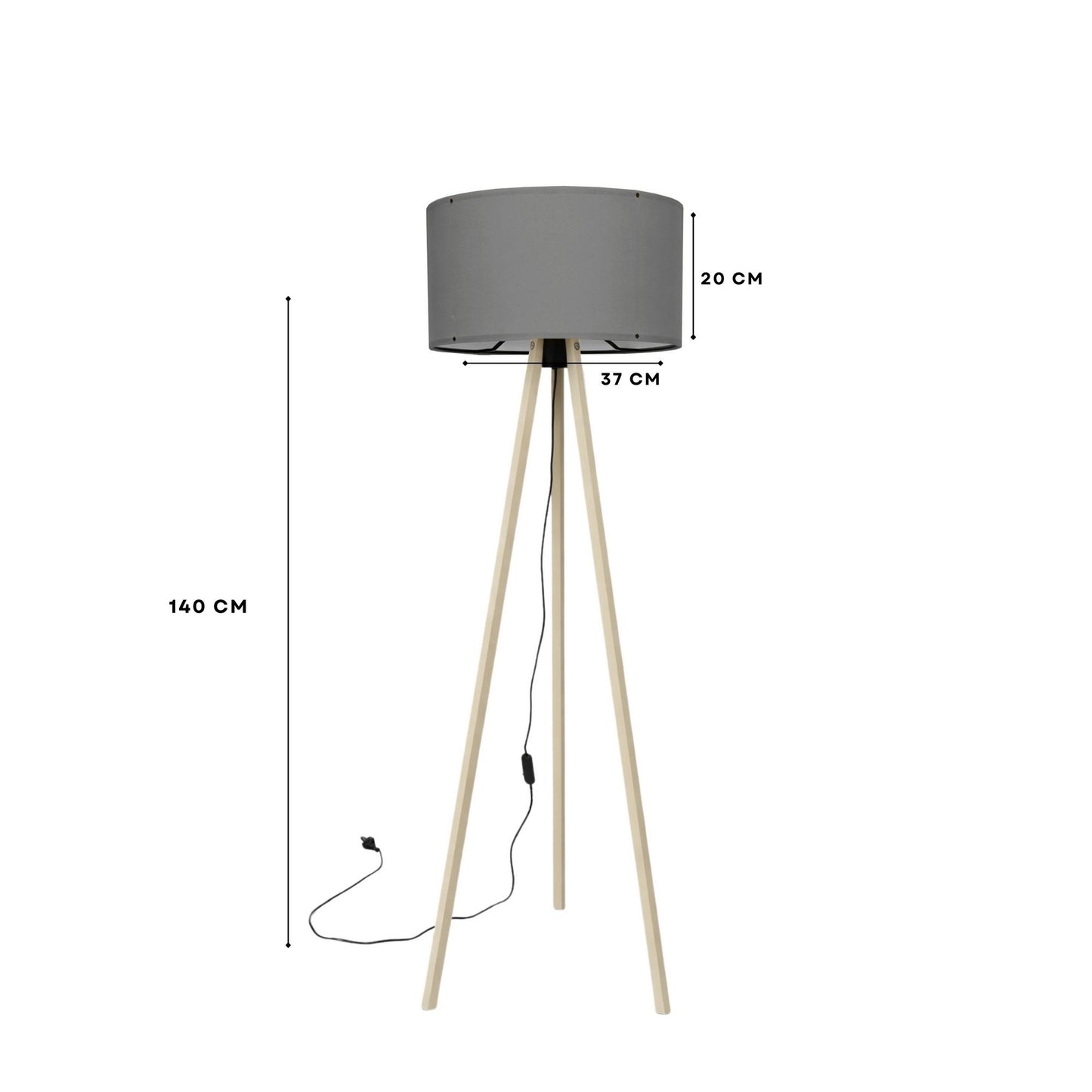 Podna lampa OAK siva- drvo, 70% MDF- 30% platno , 38 x 140 cm, promjer sjenila 38 cm, duljina kabla 200 cm, E27 60 W max., AYD-1522