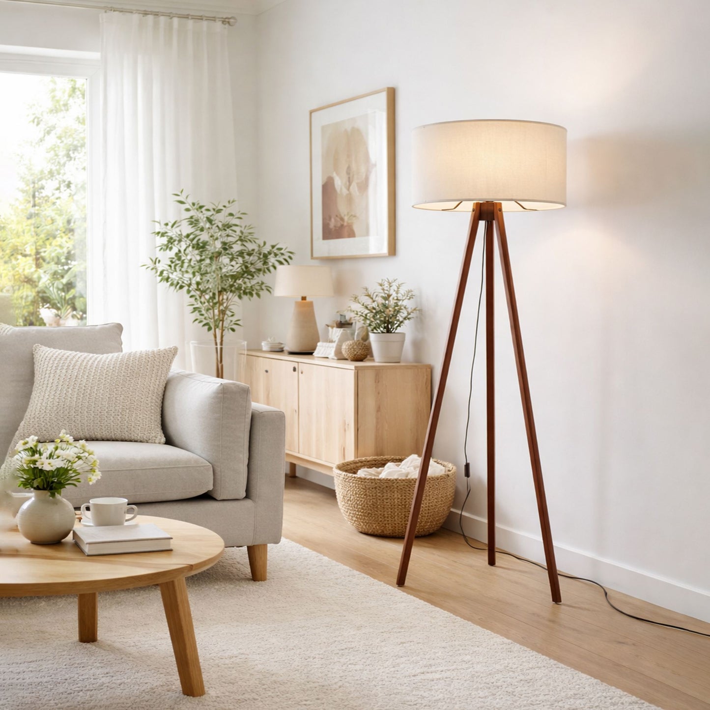 Podna lampa OAK bež- drvo, 70% MDF- 30% platno , 38 x 140 cm, promjer sjenila 38 cm, duljina kabla 200 cm, E27 60 W max., AYD-1527