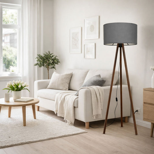 Podna lampa OAK siva drvo, 70% MDF- 30% platno , 38 x 140 cm, promjer sjenila 38 cm, duljina kabla 200 cm, E27 60 W max., AYD-1529