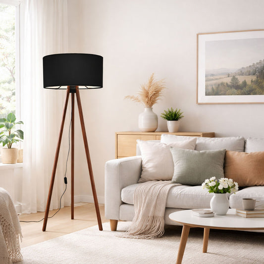 Podna lampa OAK crna- drvo, 70% MDF- 30% platno , 38 x 140 cm, promjer sjenila 38 cm, duljina kabla 200 cm, E27 60 W max., AYD-1533