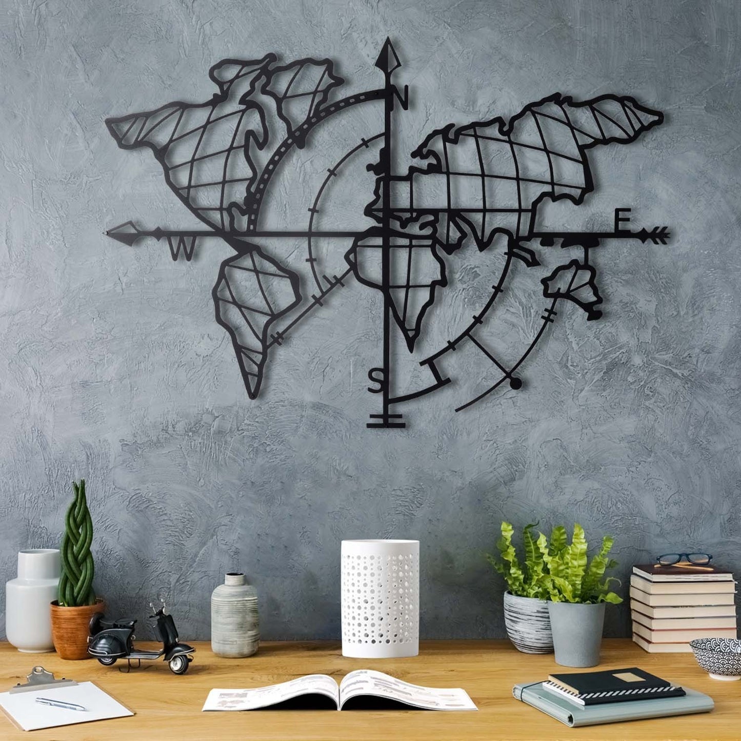 Zidna dekoracija WORLD, World Map Compass - Black