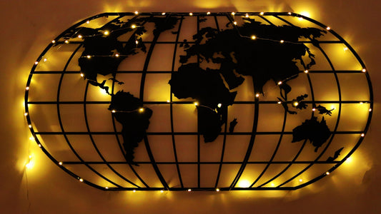 Metalna zidna dekoracija, World Map Globe Led - Black