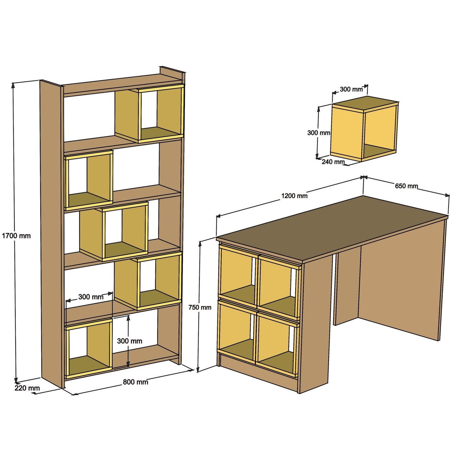 Studijski stol i policu za knjige, Box - Walnut, Cream
