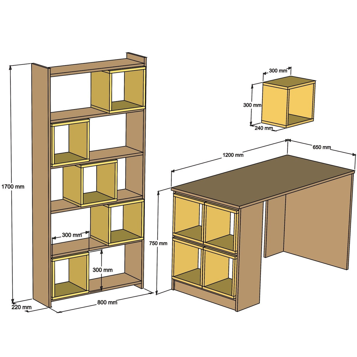 Studijski stol i policu za knjige, Box - Walnut, Yellow