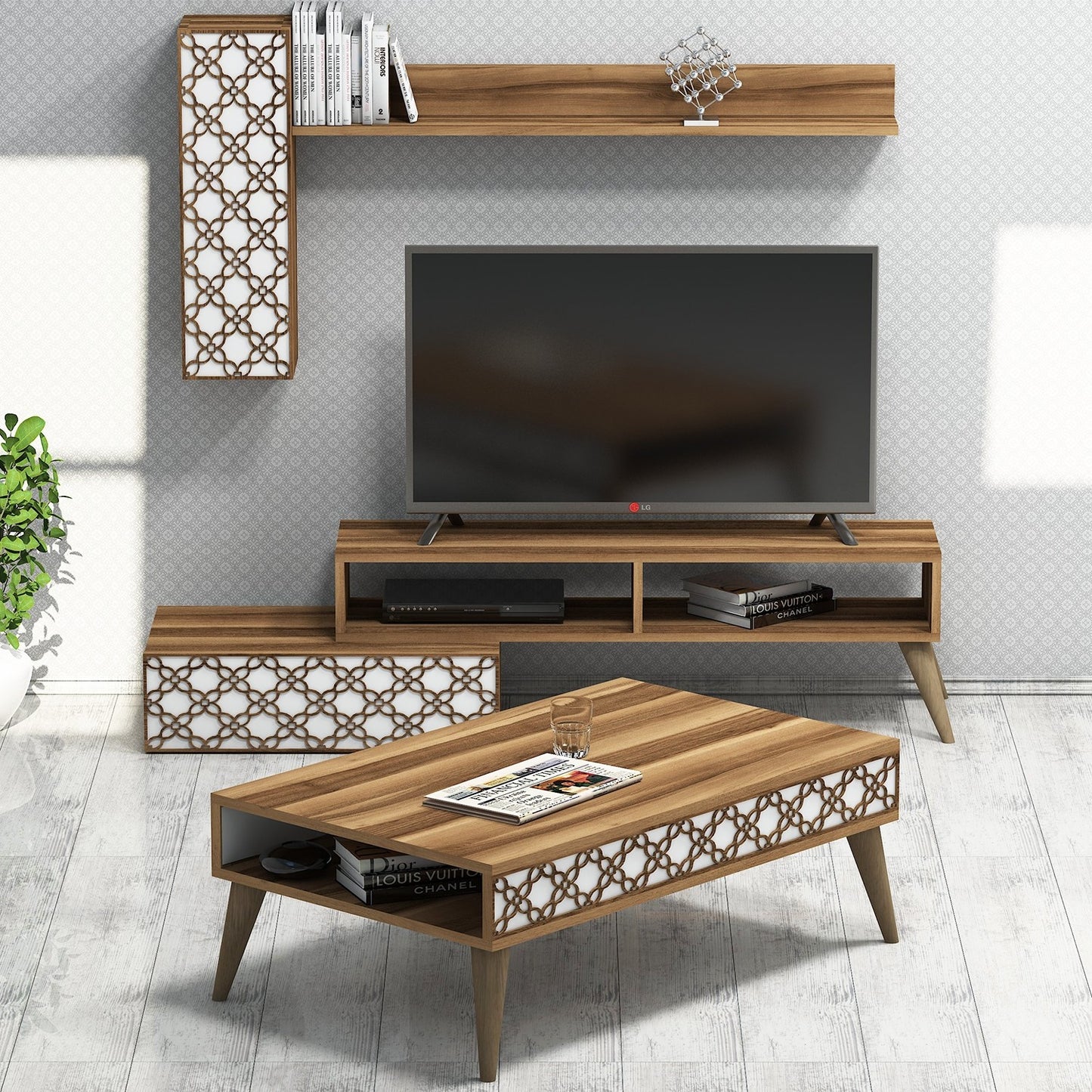 Set namještaja za dnevnu sobu, Planet - Walnut, White