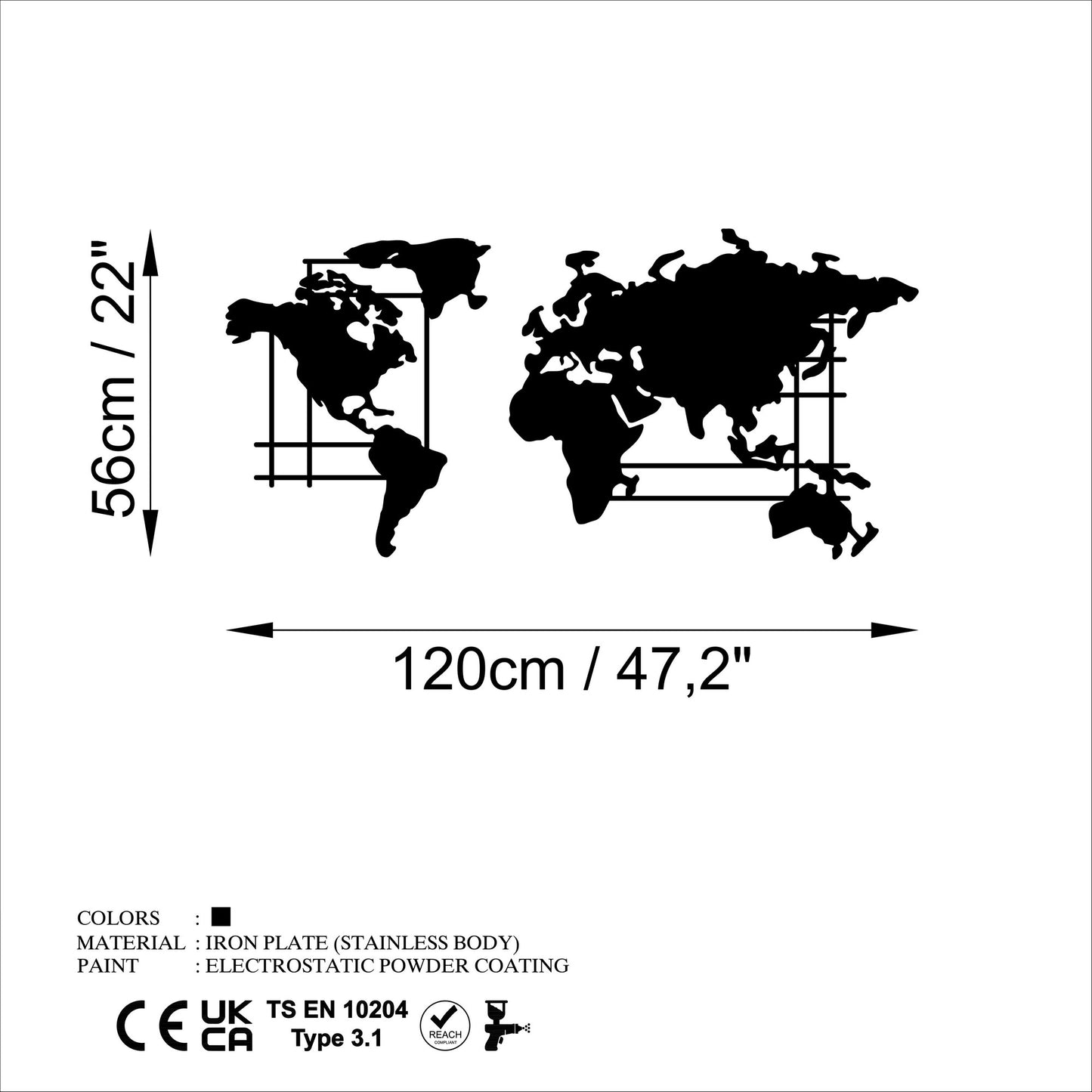 Metalna zidna dekoracija, World Map - L