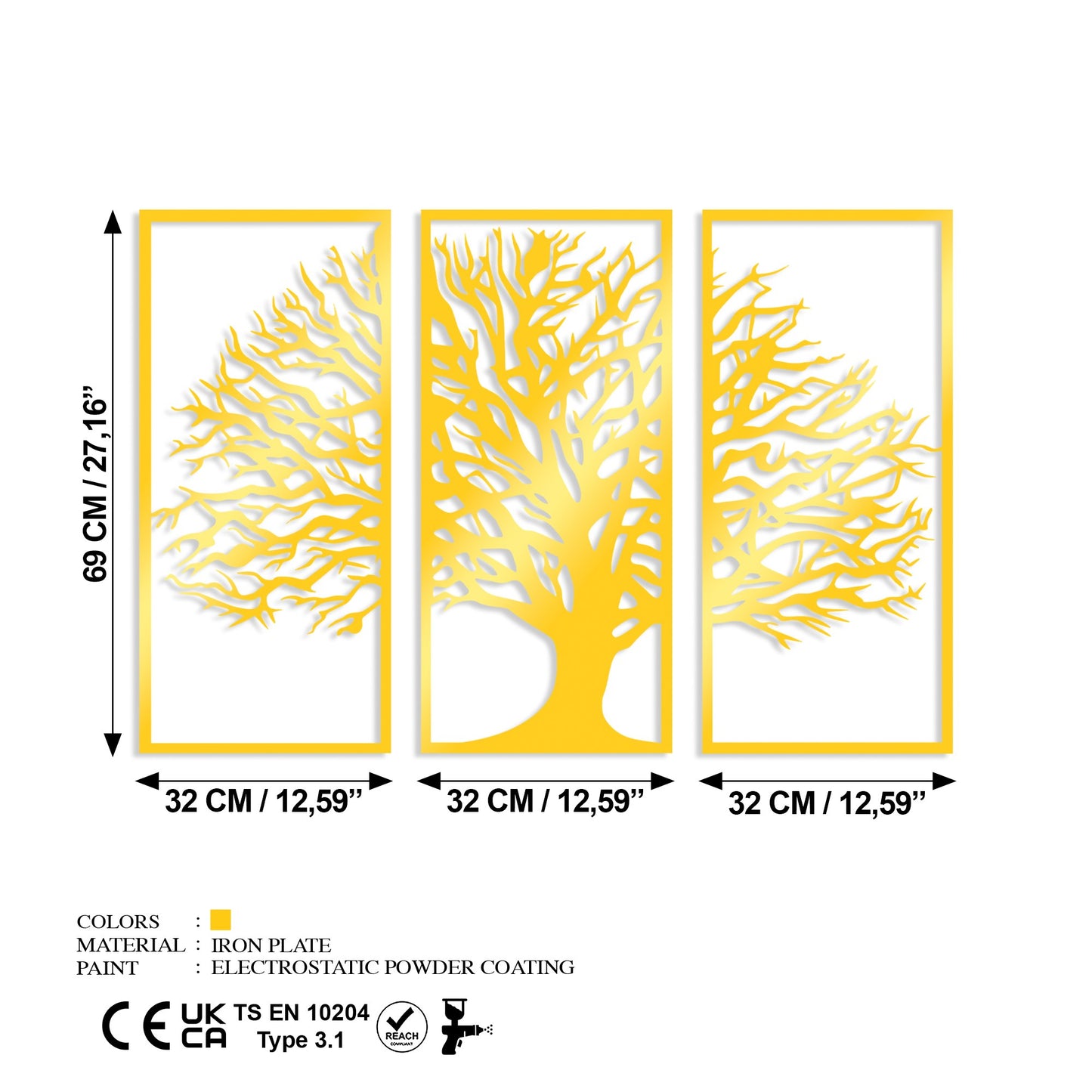 Metalna zidna dekoracija Golden Triple Tree 4