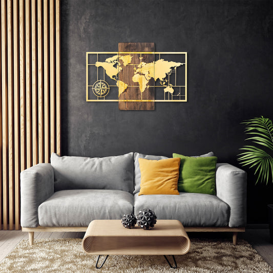Drvena zidna dekoracija, World Map Wıth Compass - Gold