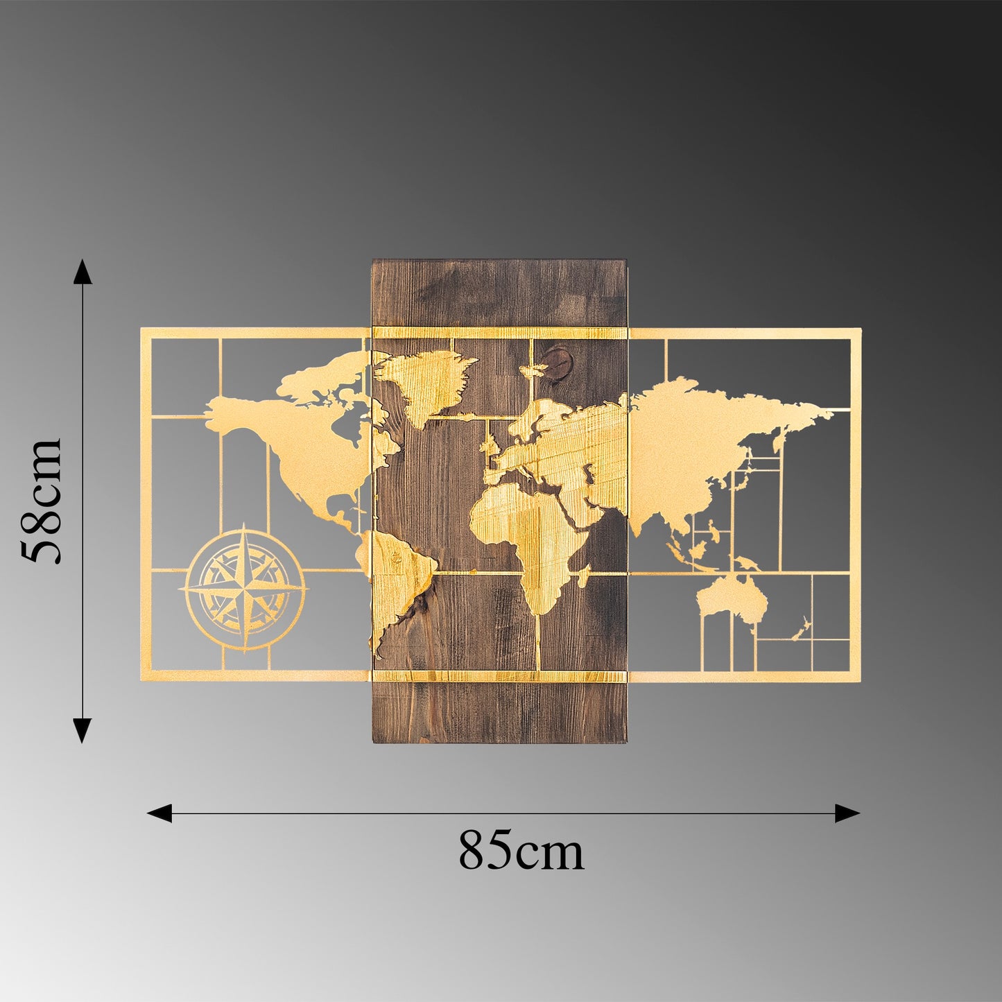 Drvena zidna dekoracija, World Map Wıth Compass - Gold