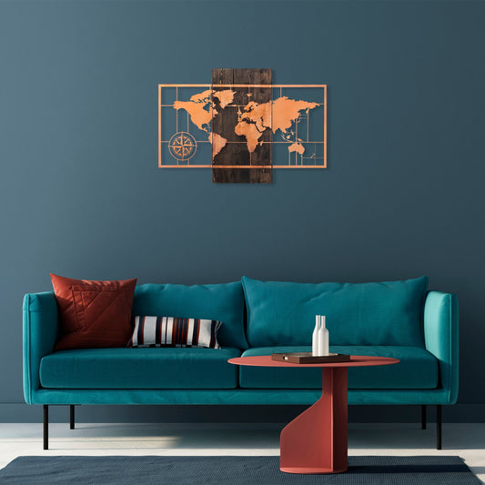 Drvena zidna dekoracija, World Map Wıth Compass - Copper