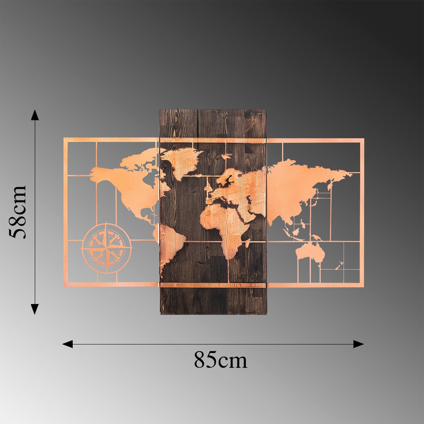 Drvena zidna dekoracija, World Map Wıth Compass - Copper