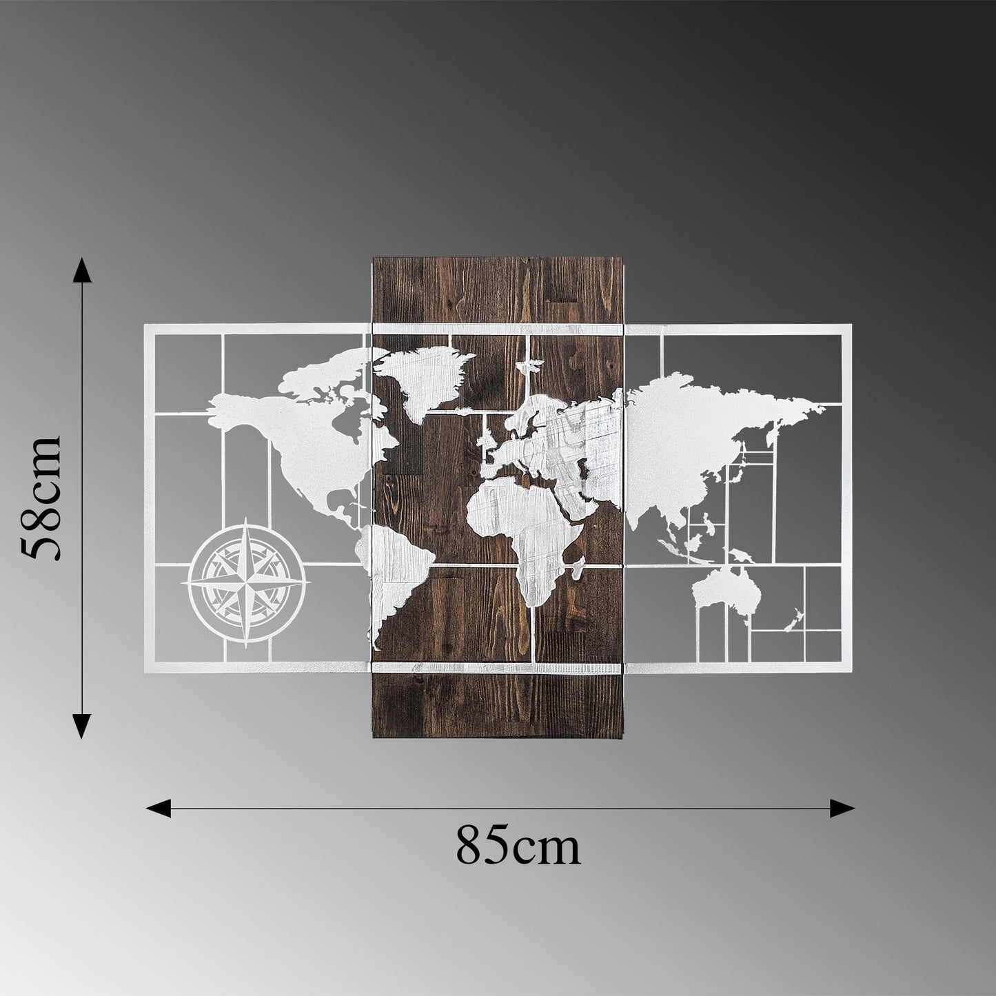 Drvena zidna dekoracija, World Map Wıth Compass - Silver
