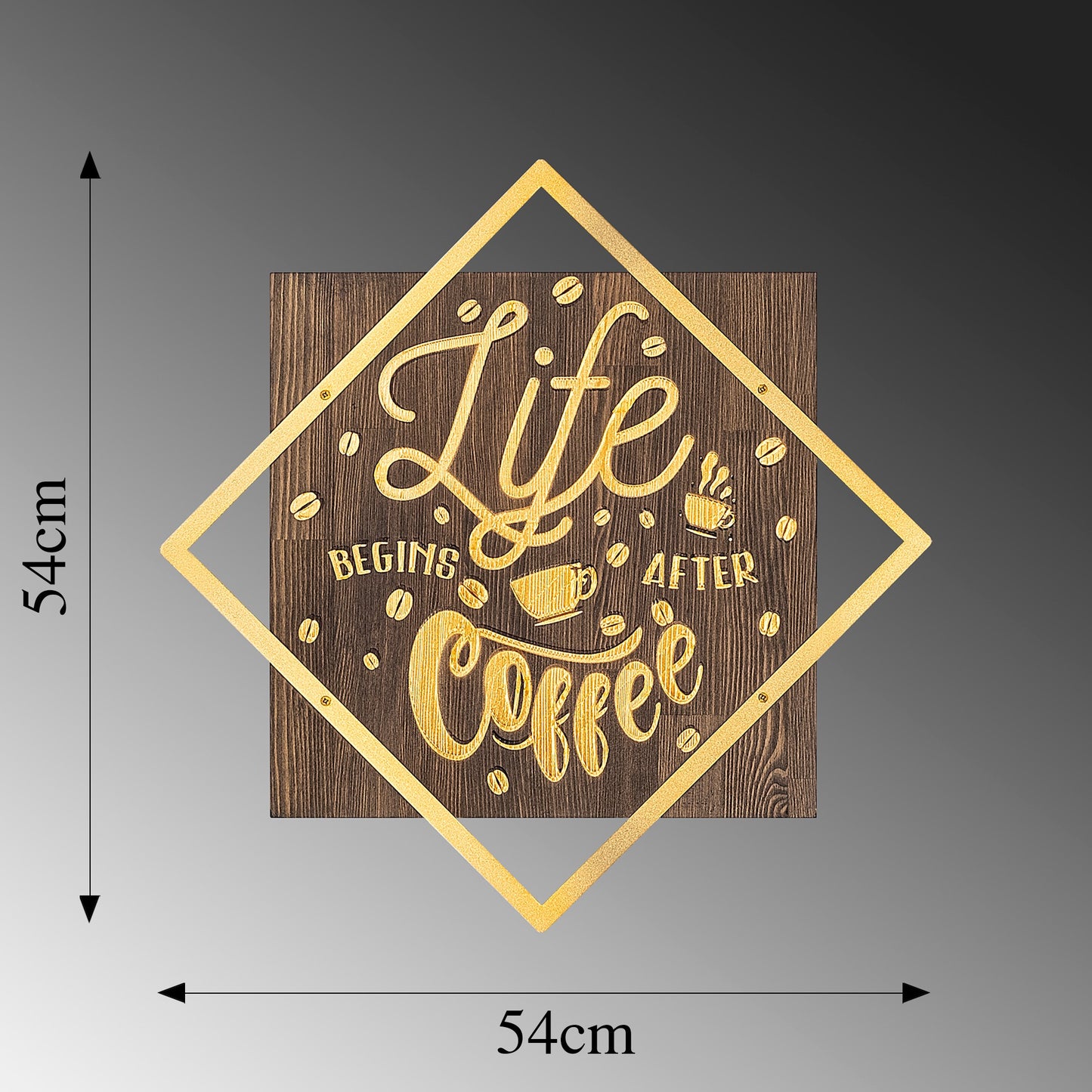 Drvena zidna dekoracija, Life Begins After Coffee - Gold