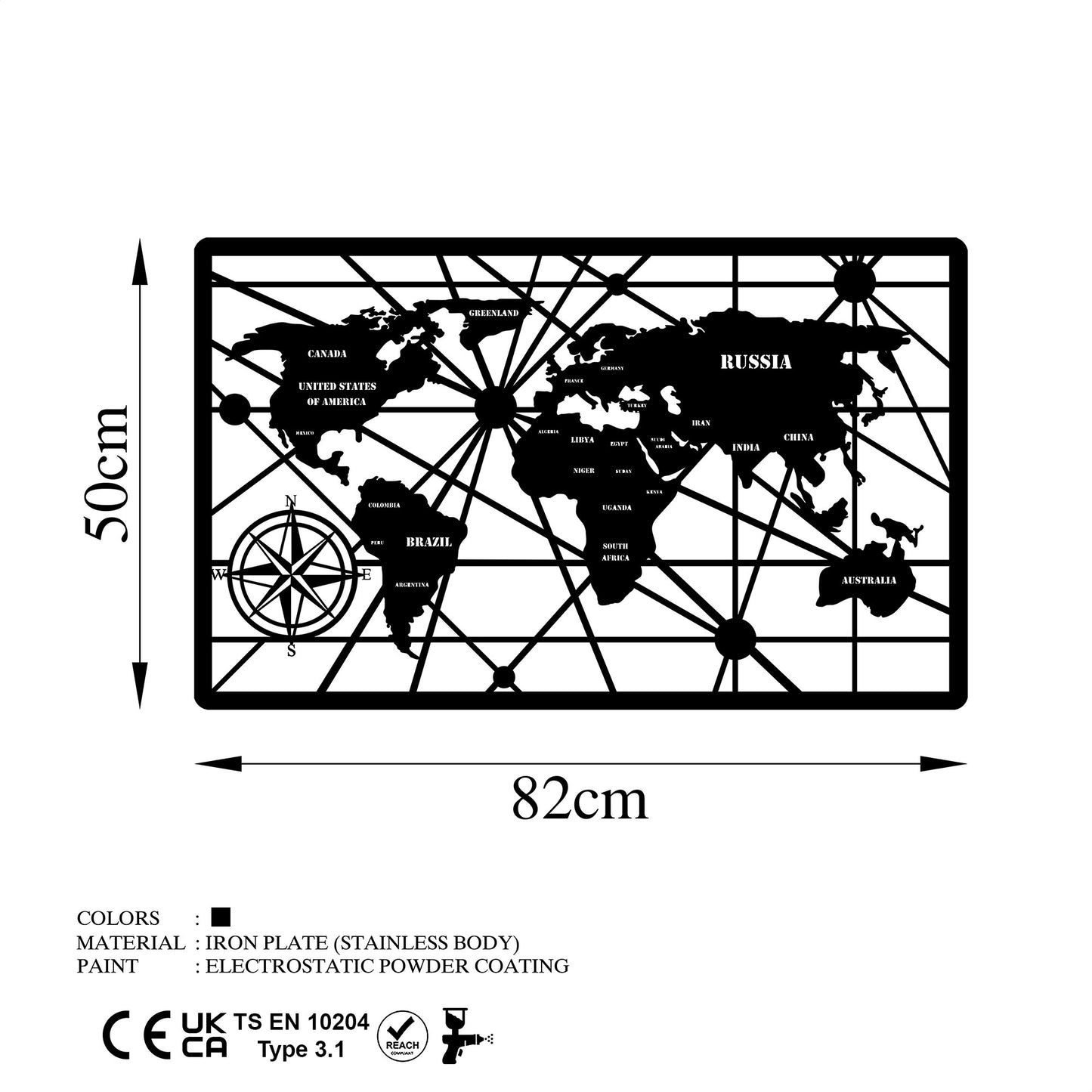 Metalna zidna dekoracija, World Map 7-M