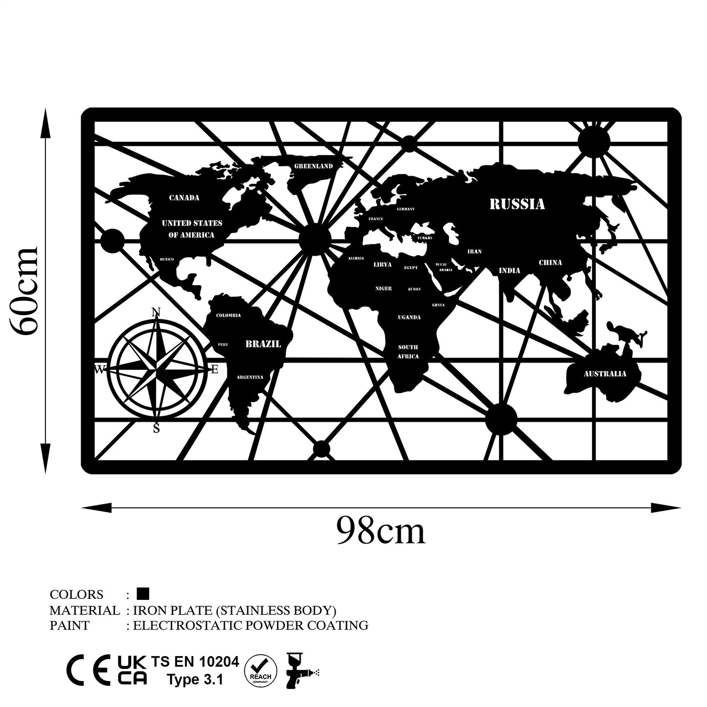 Metalna zidna dekoracija, World Map 7-L
