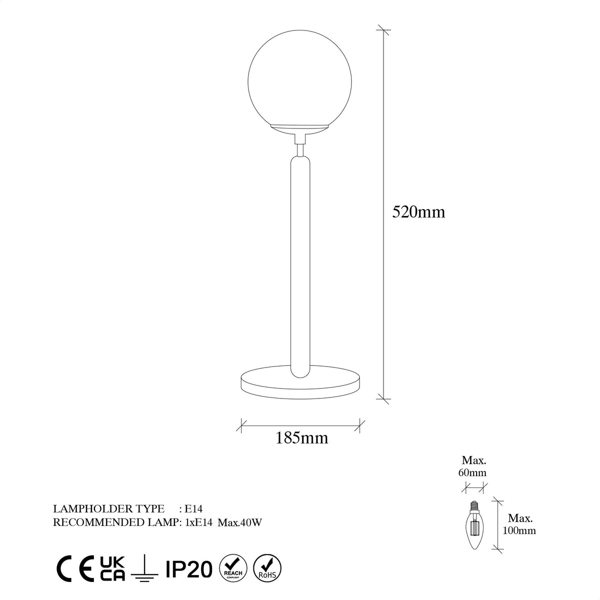 Stolna lampa KING vintage, metal- staklo, promjer 15 cm, dimenzija 18 x 18 x 52 cm, duljina kabla 200 cm, E14 40 W, King - 11463