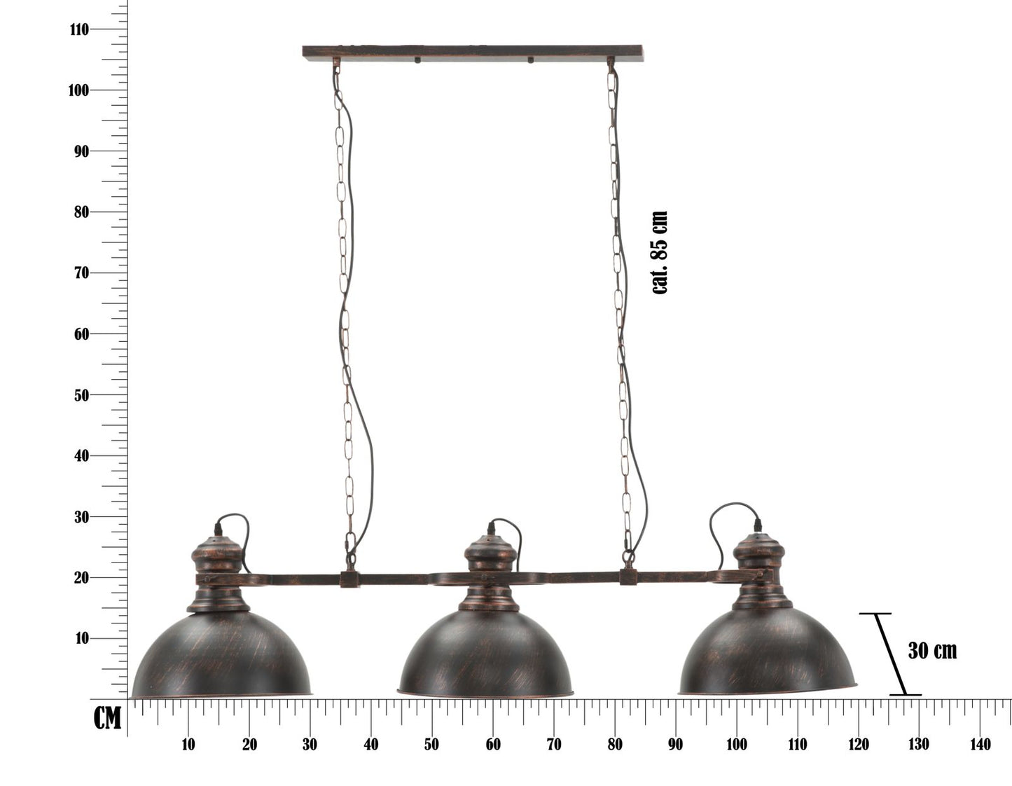 Stropna svjetiljka 3 svjetla industry cm 120x30x30 (lanac cm 85)