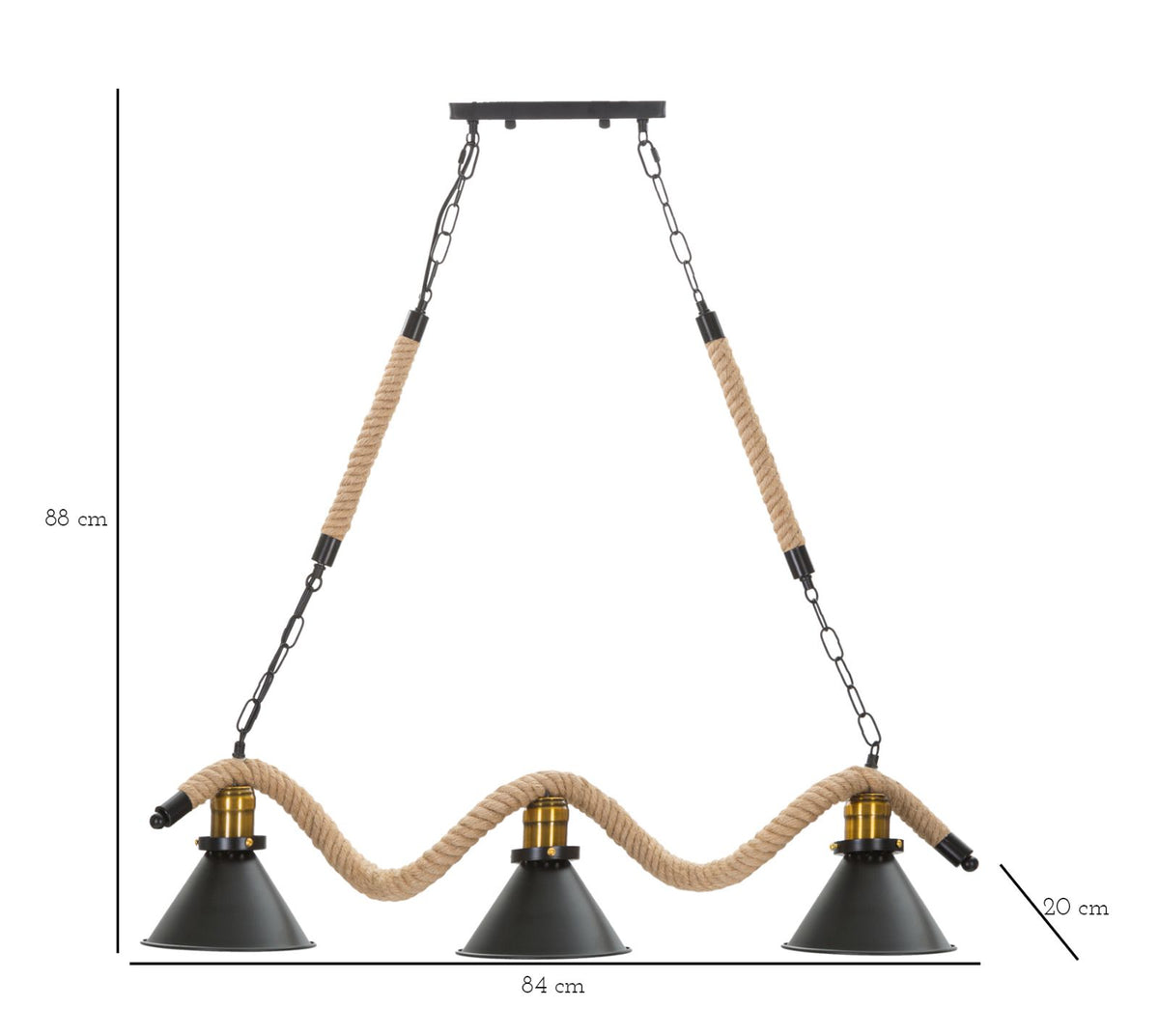 Stropna svjetiljka CUP/ROPE, 3 svjetla, 84 × 20 × 88 cm