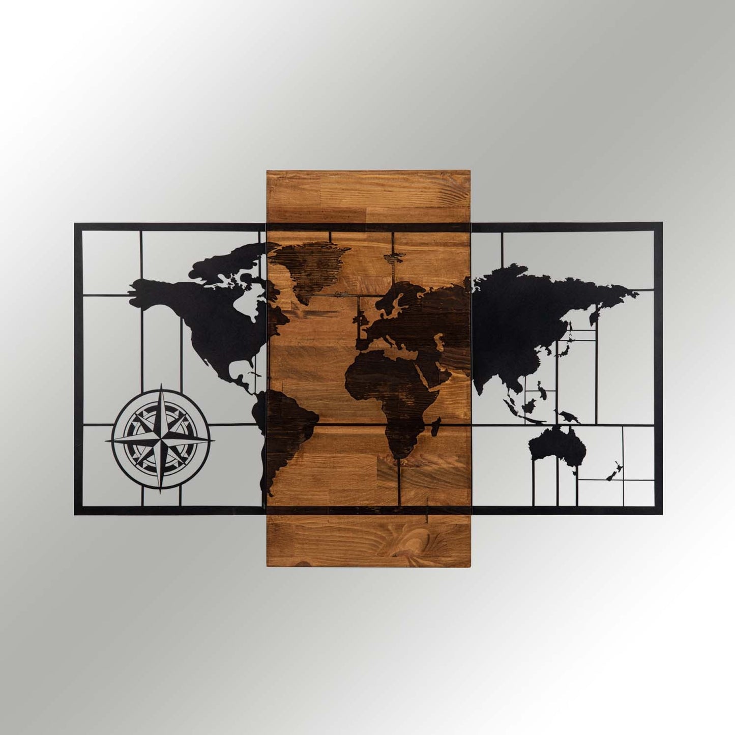 Zidna dekoracija drvena, World Map Wıth Compass