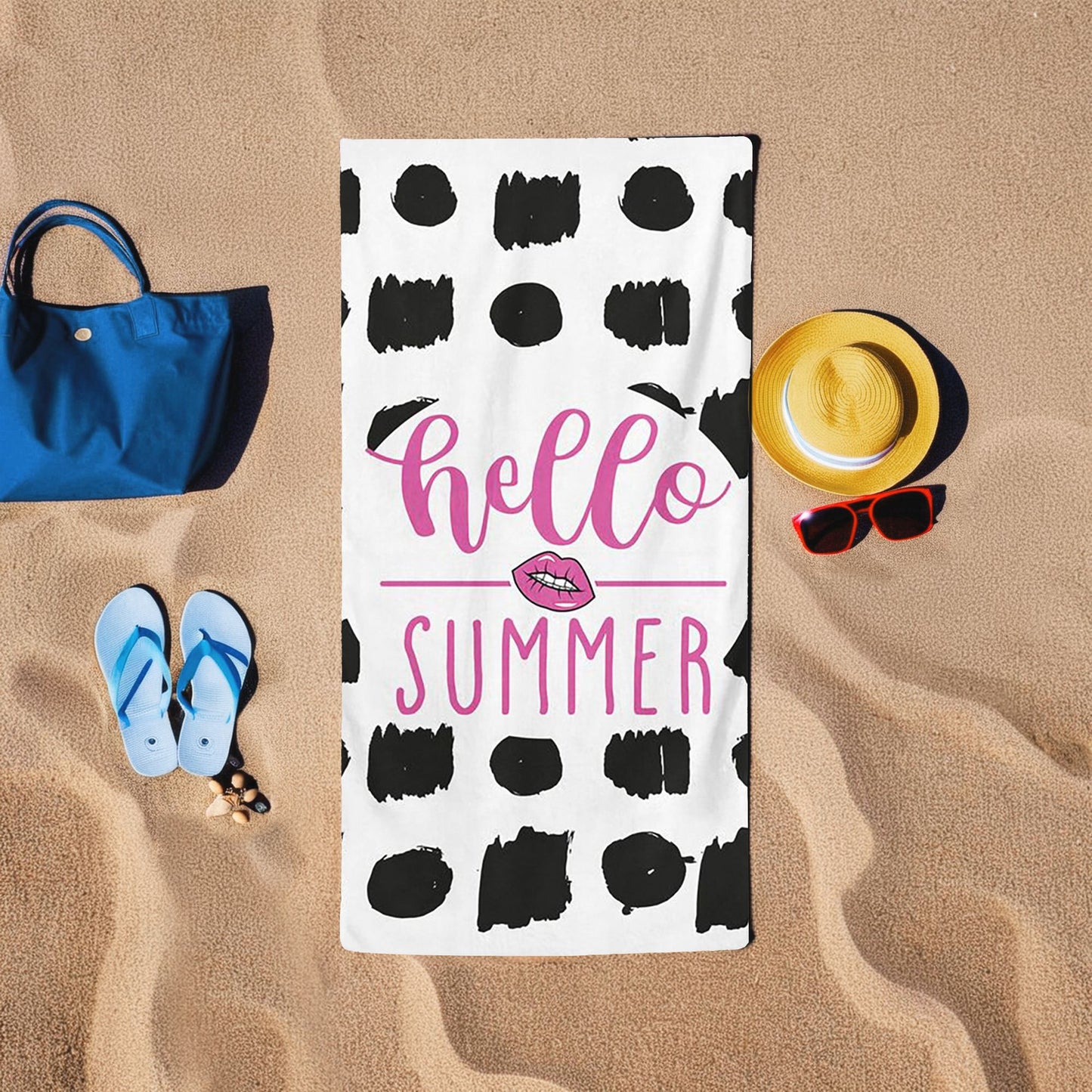 Ručnik za plažu Hello Summer - crni, bijeli