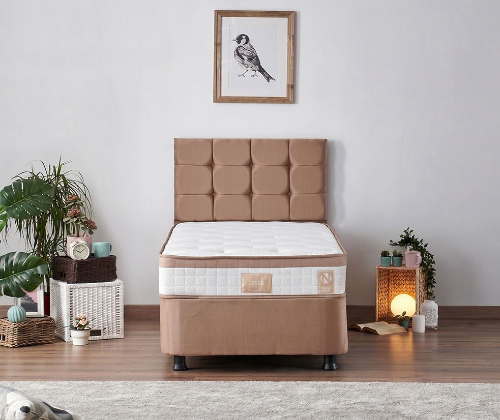 Jednostruki madrac, baza i uzglavlje, Svijetlo smeđa, Latte - Light Brown (90 x 190)