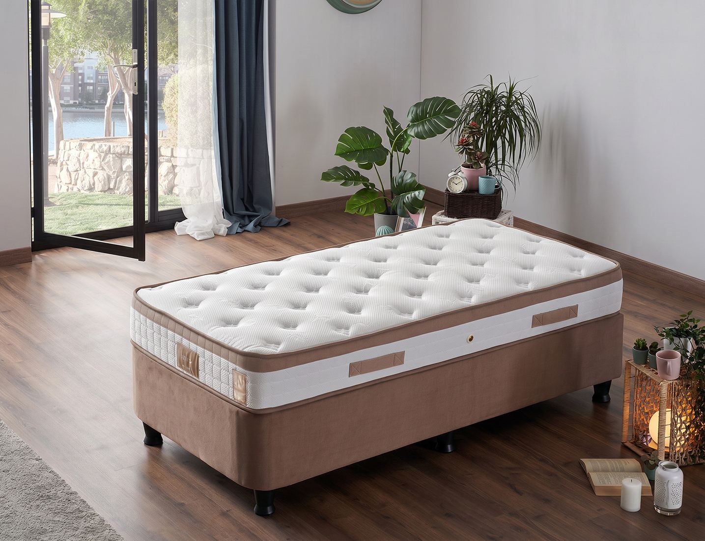 Jednostruki madrac, baza i uzglavlje, Svijetlo smeđa, Latte - Light Brown (100 x 200)