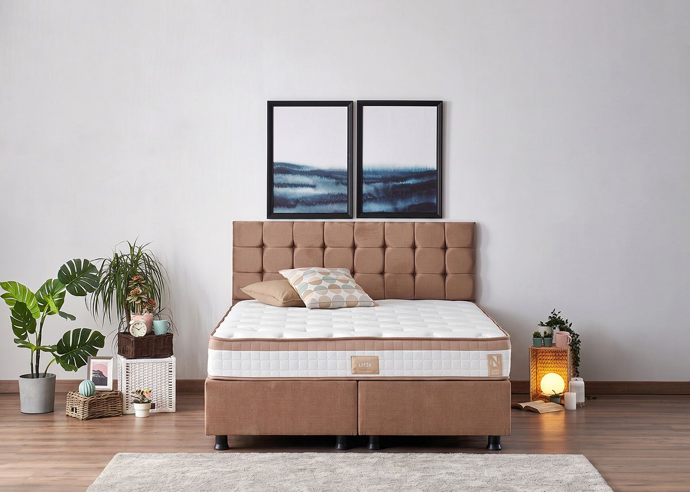 Dupli madrac, baza i uzglavlje, Svijetlo smeđa, Latte - Light Brown (160 x 200)