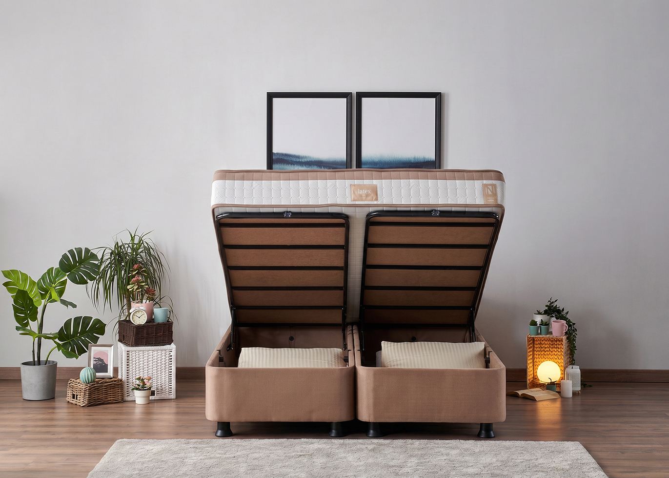 Dupli madrac, baza i uzglavlje, Svijetlo smeđa, Latte - Light Brown (160 x 200)