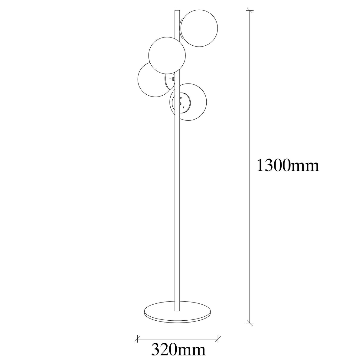 Podna lampa FAZE 116, zlatna, metal- staklo, 32 x 32 cm, visina 130 cm, promjer kugle 15 cm, duljina kabla 200 cm, 4 X E27 40 W, Faze - NT - 116