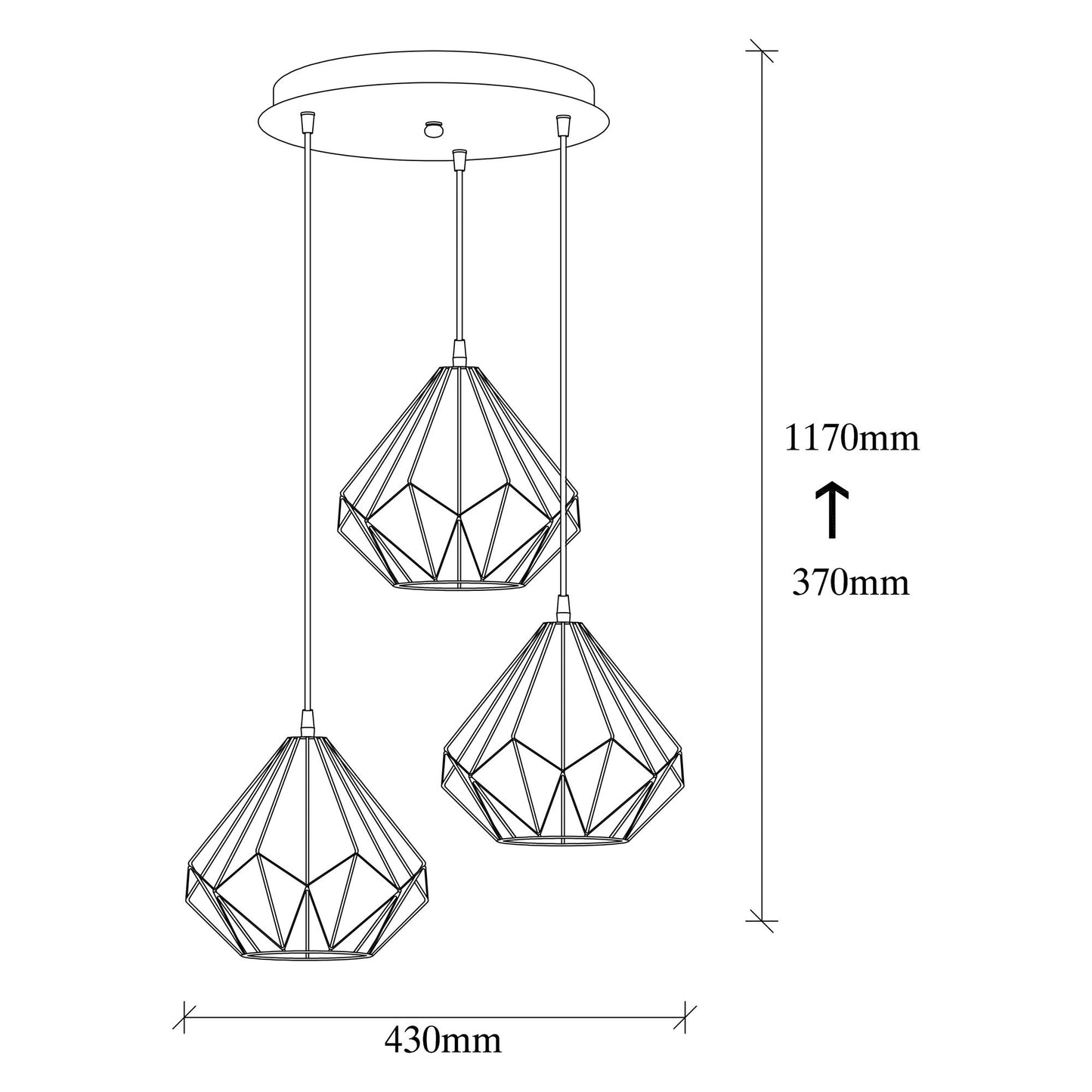 Visilica DIAMOND TRIS crna, metal, promjer 43 cm, visina 117 cm, promjer sjenila 23 cm, visina 21 cm, podesiva visina, E27 40 W, Diamond - 704-S2
