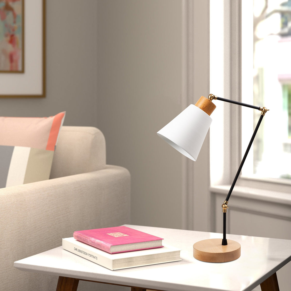 Stolna lampa MANAVGAT bijela, metal-drvo, promjer 14 cm, visina 52 cm, duljina kabela 200 cm, E27 40 W, Manavgat - N-598