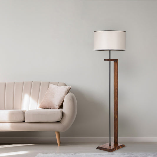 Podna lampa CEVIZ,  drvo- platno, promjer 45 cm, vivina 163 cm, E27 60 W, Menekşe Ceviz Ahşap Lambader Silindir Finli Krem Abajurlu