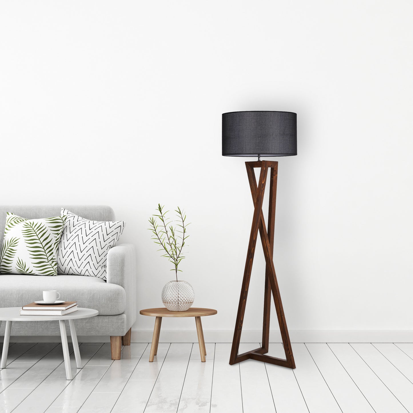 Podna lampa MAČKA smeđe- crno, drvo- platno, promjer 45 cm, visina 166 cm, E27 60 w, Maçka Ceviz Ahşap Lambader Silindir Hasır Siyah Abajurlu