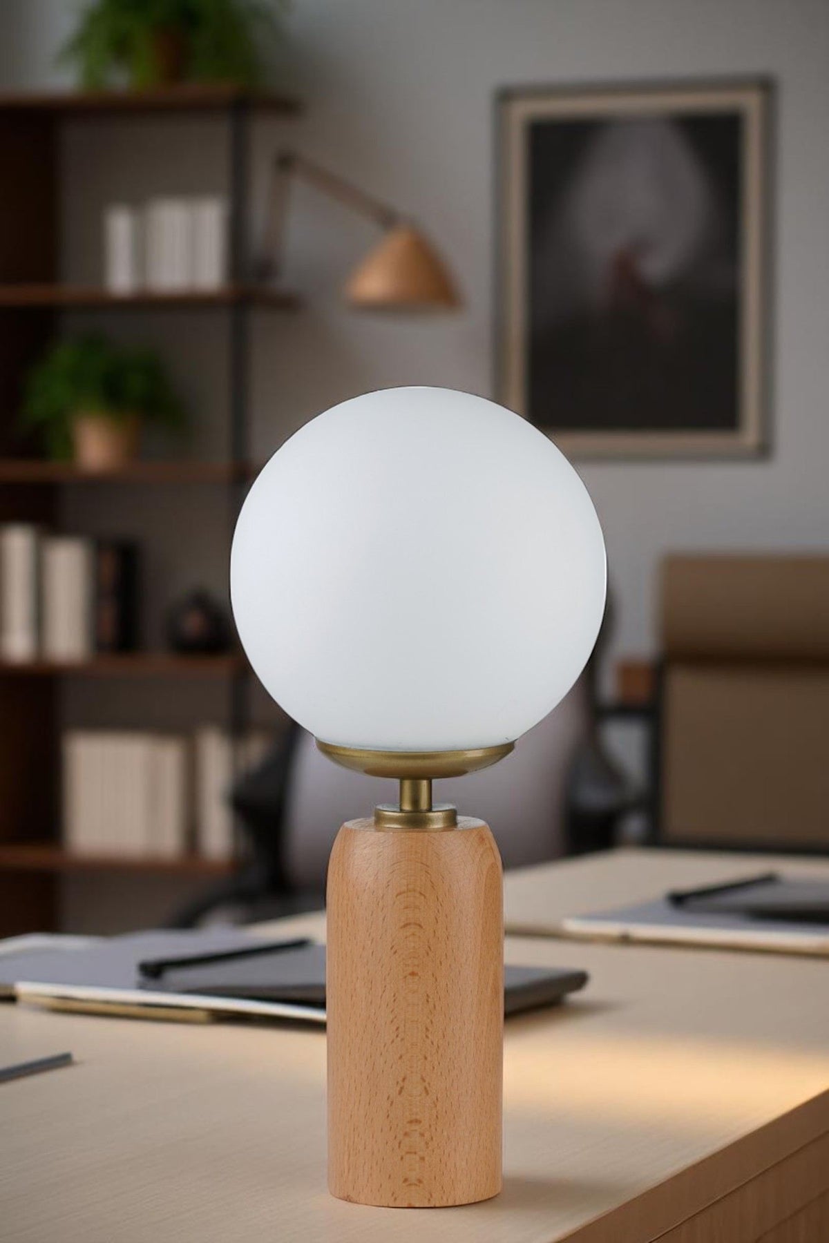 Stolna lampa 873, bijela, zlatna, hrast