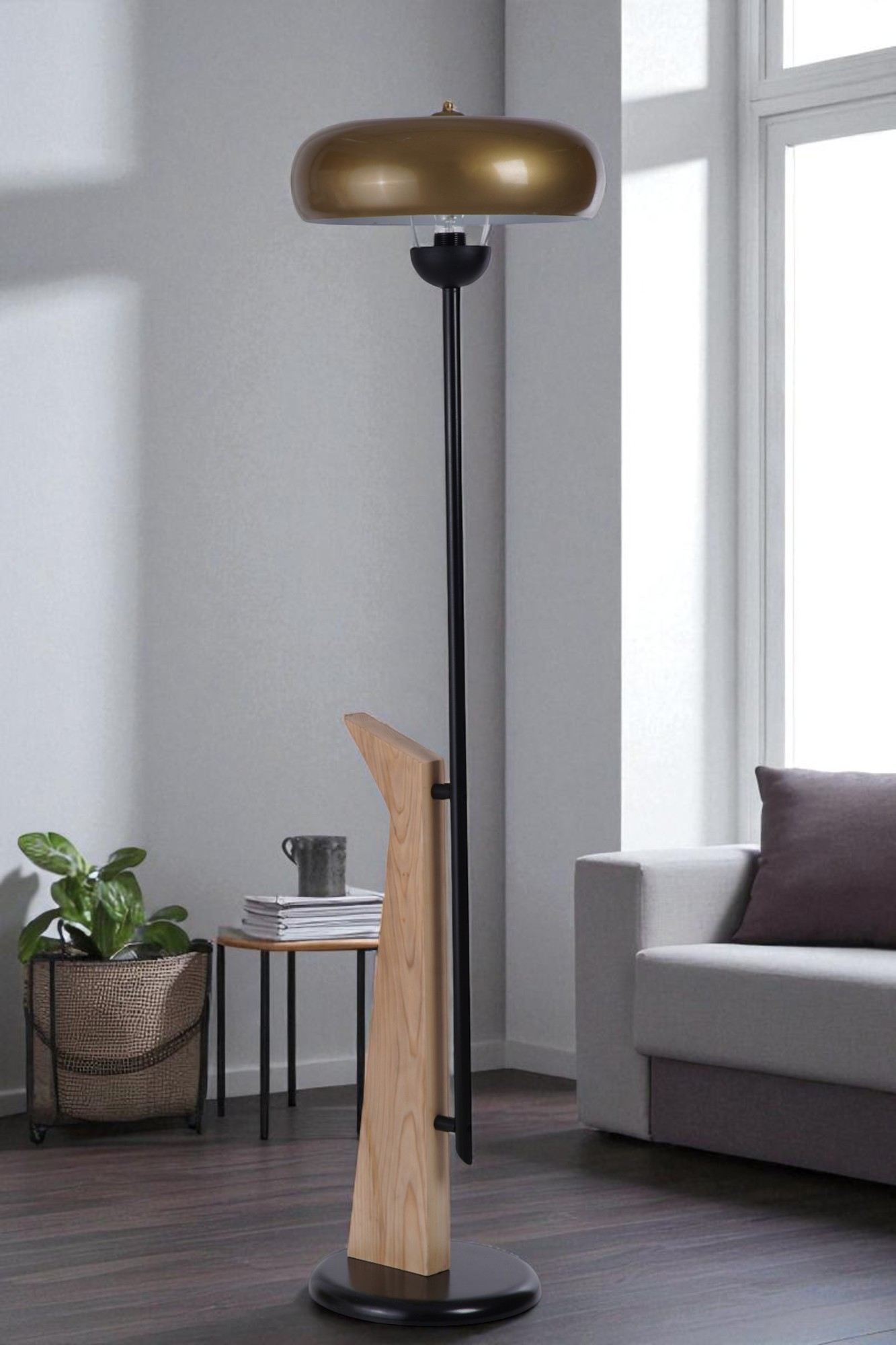 Podna lampa 647, zlatna, crna, hrast