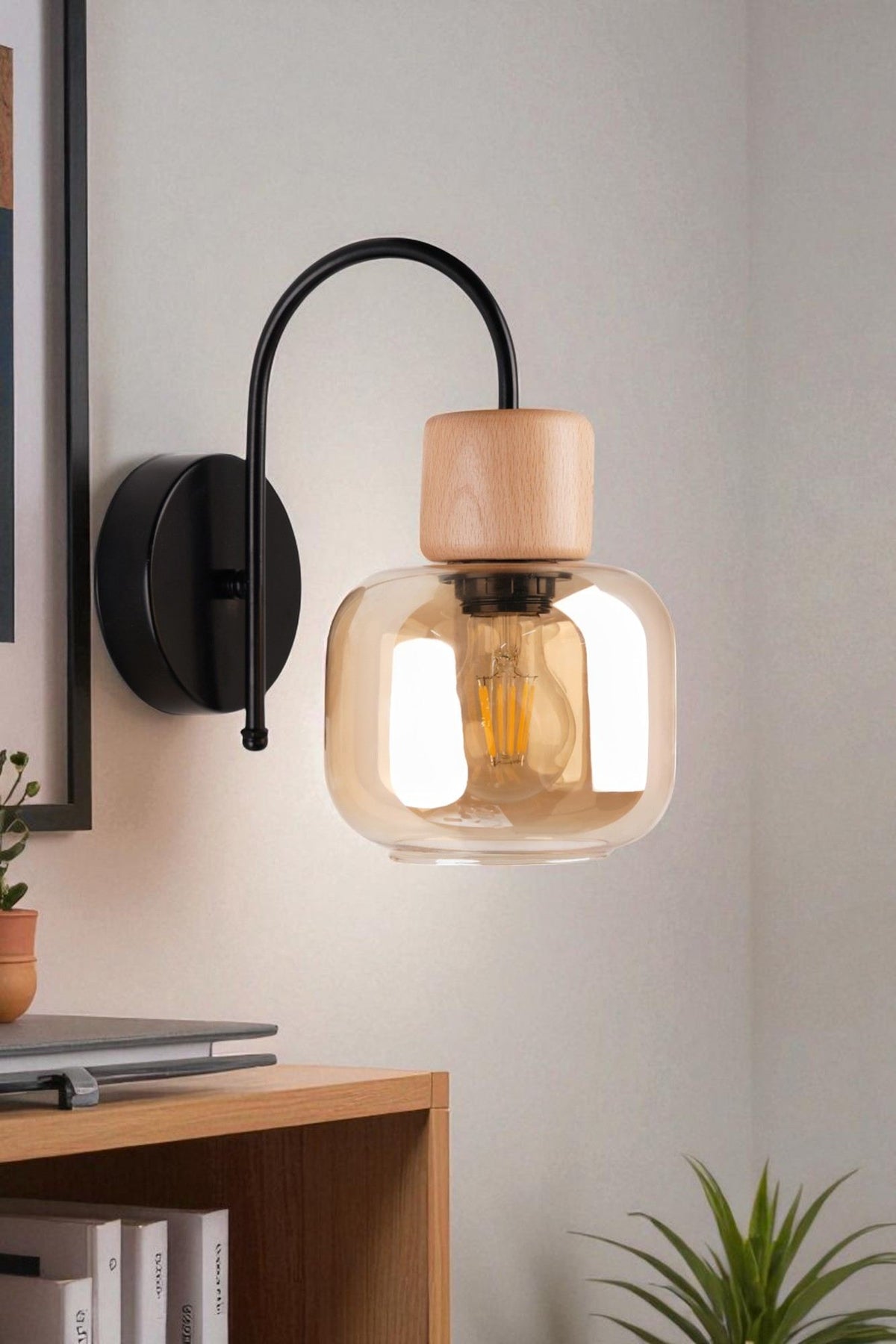 Zidna lampa 915, med, hrast, crna
