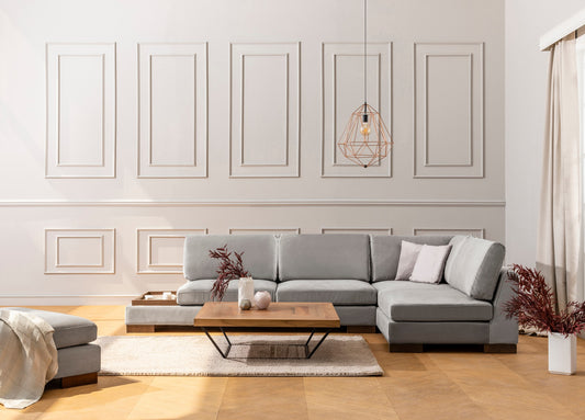 Kutna garnitura TULIP, desna, svjetlo sivo, Tulip Corner Right With Pouf - Light Grey