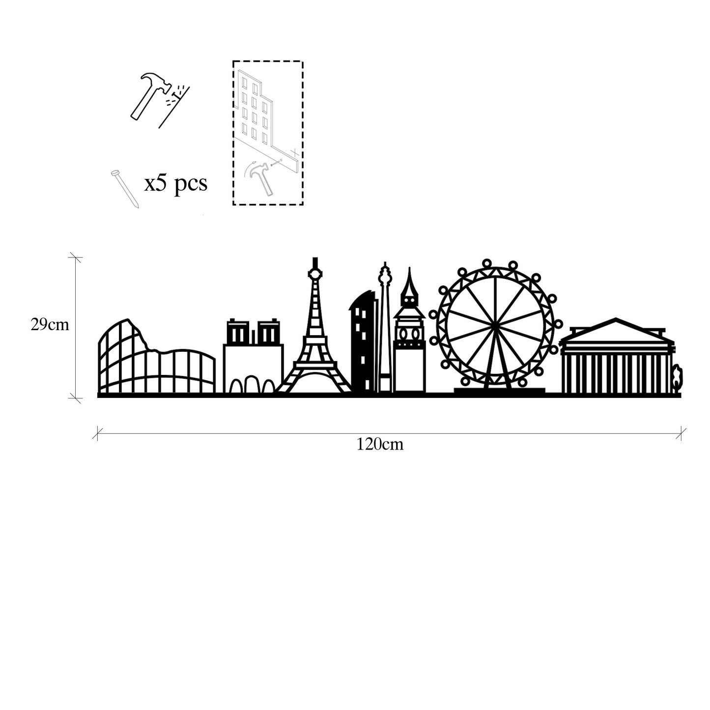 Metalna zidna dekoracija, European Cities Skyline