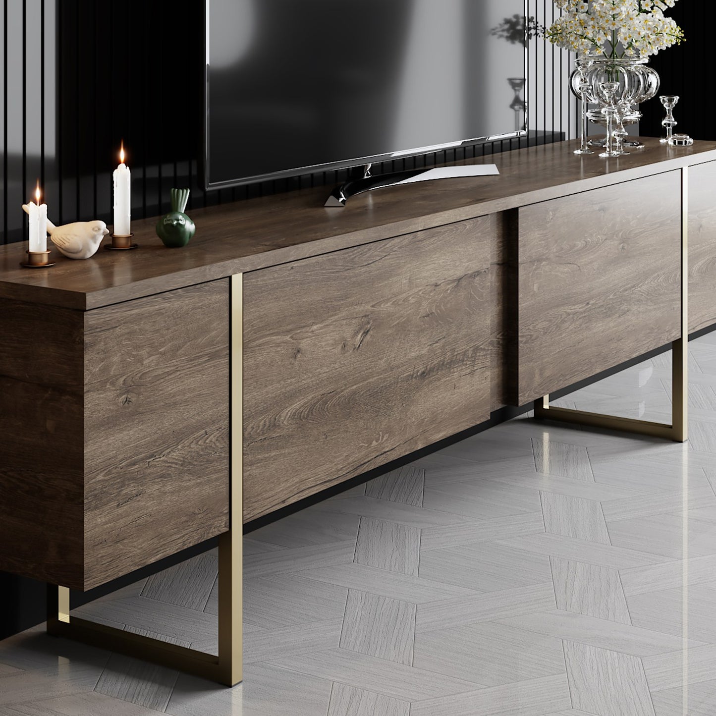 Komoda za TV, Luxe - Walnut, Gold